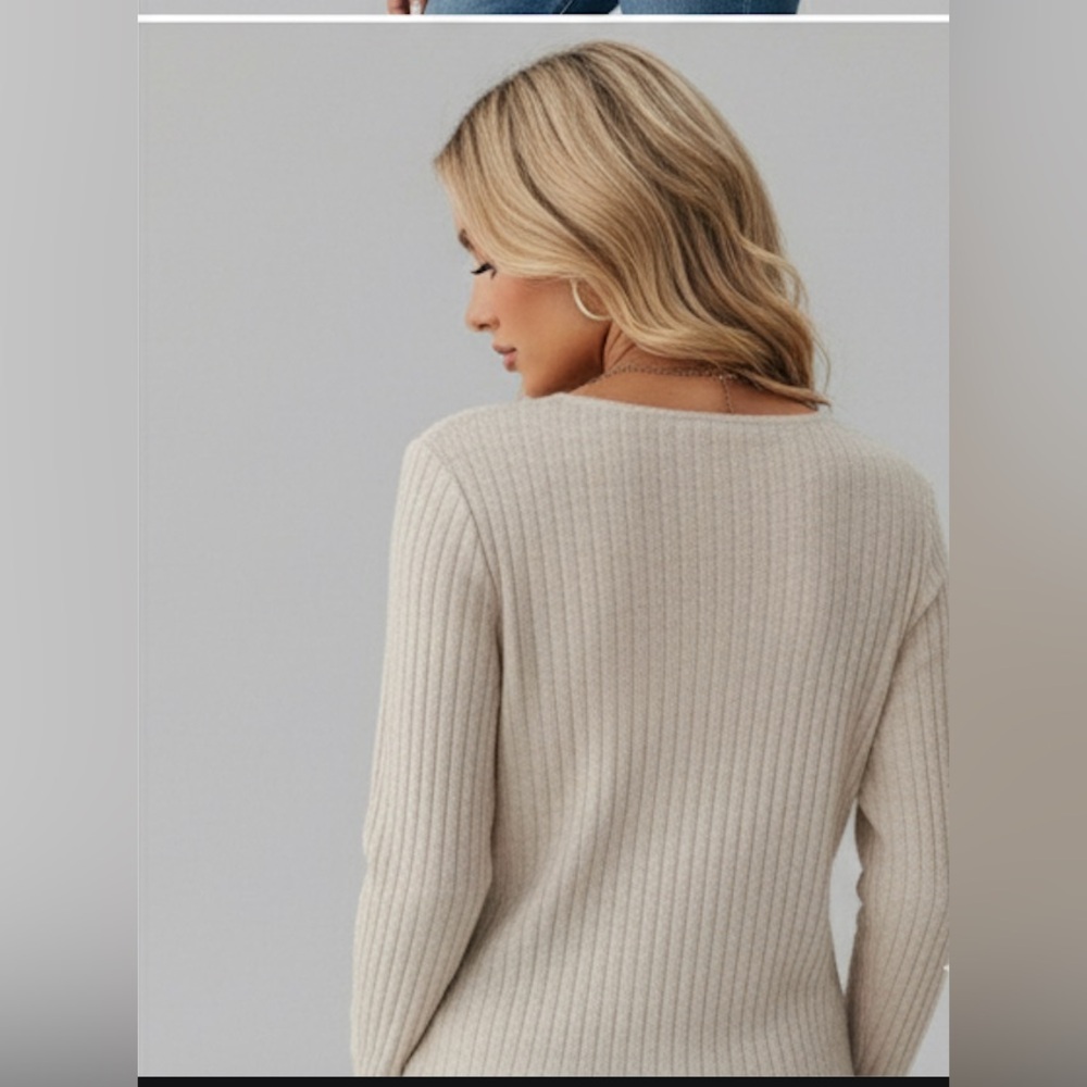 Guipure Lace Insert Ribbed Tee Cream - Picture 4 of 7